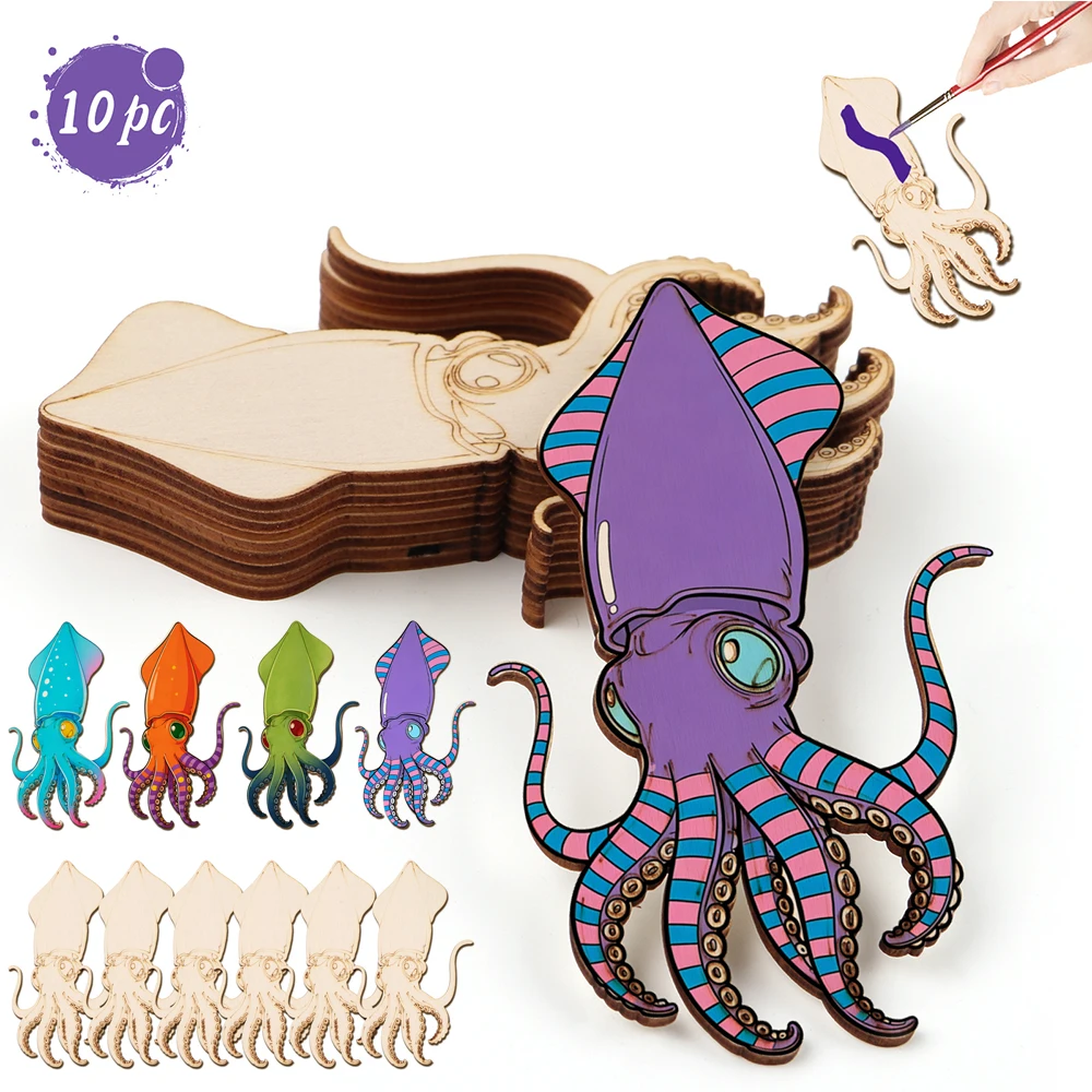 Art & Craft Toys For Kids - 10pcs/set Unfinished Wood Craft Octopus Animal